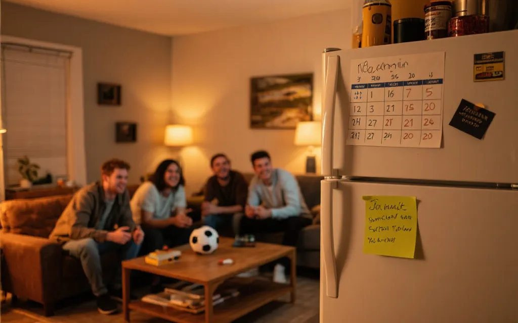 周末朋友在客厅一起看球，手写观赛计划贴在冰箱上，温暖灯光，写实风