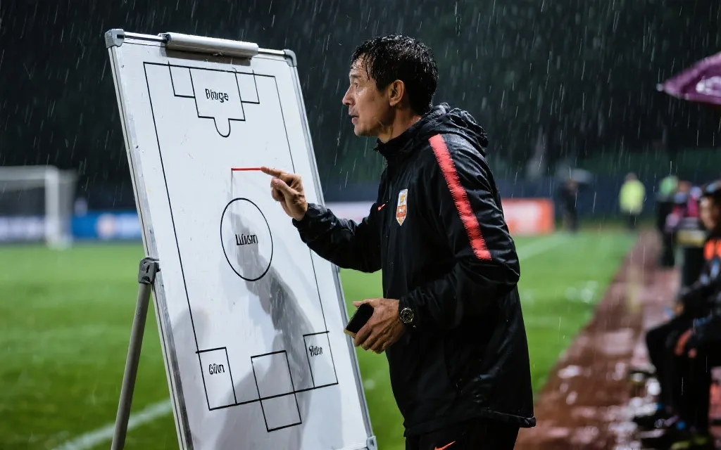 教练在场边指挥，战术板与雨点交织的紧张瞬间