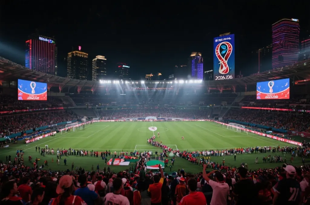 2026世界杯决赛夜球场灯火通明，球迷入场，情绪达到顶点